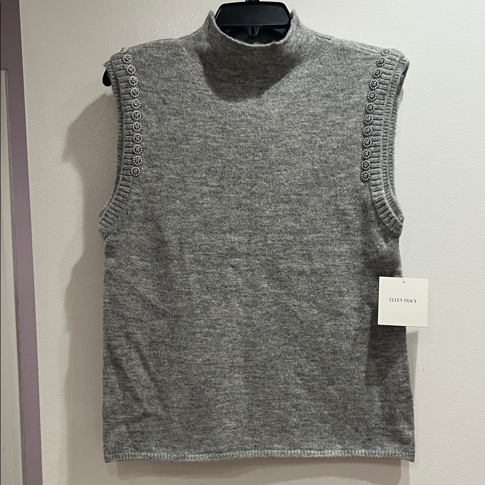 Ellen Tracy Grey Sleeveless Turtleneck Sweater Vest with Shoulder Embellishment
